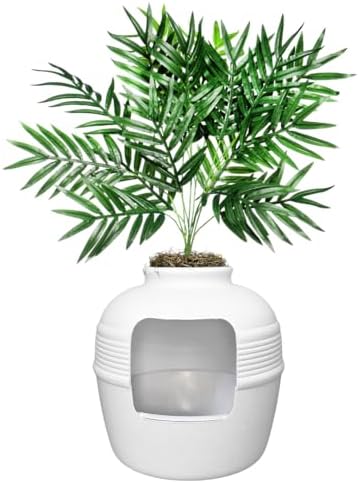 Good Pet Stuff Original Hidden Litter Box Planter, Decorative Cat Litter Enclosure, Carbon Filter, Faux Plant, Easy to Clean, Round Design, Removable Tray, Essentials Kit, Palm Plant, Soft White