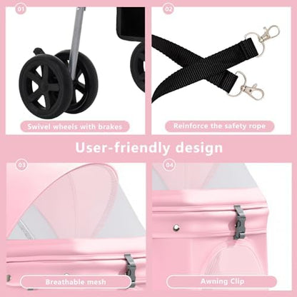 Pet Stroller for Small/Medium Dogs and Cats, Foldable 3 Wheel Jogger,One-Click Fold,Breathable Mesh, Storage Basket,Cup Holder,Weather Cover,(Pink)