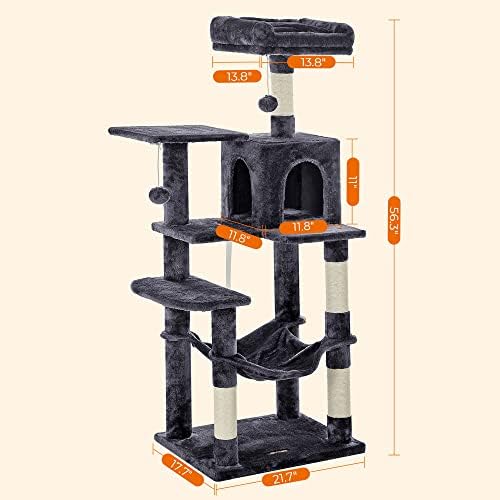 Feandrea Cat Tree, 54.2-Inch Cat Tower, Multi-Level Condo, Smoky Gray