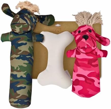 Durable Tough Cotton Canvas Squeaky Dog Toys, Eco-Friendly Interactive3-Pack Chew Toy Set for Small, Medium& Large Dogs, Sarge, T-Bone & Pinky