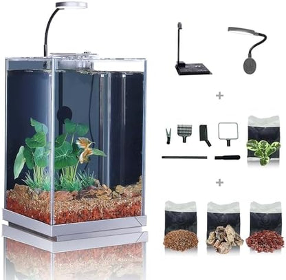 Nano Desktop Betta Fish Tank Set, 2.7 Gallon Glass Aquarium Hidden Bottom Filtration System Self Cleaning Filter Light Gravel Plant Cleaning Tool, for Small Space Easy Setup Space-Saving Design