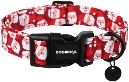 DOGWONG Christmas Cotton Dog Collar, Red Santa Claus Dog Collar Durable Holiday Pet Dog Collars Cute Puppy Necklace for Small Dogs