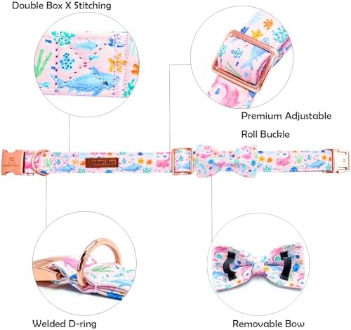Lionheart glory Dog Bow Collar Sea Animals Print Pink Dog Collar for Medium Dogs,Female Male Dog Collars with Bowtie Spring Summer Collars Soft Adjustable Pet Collar Bows