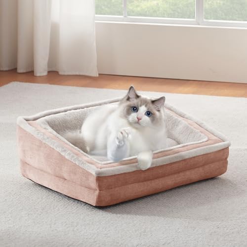 Laojin Balhen Cat Couch for Pets, Washable Cat Beds for Indoor Cats, Super Soft Plush Supportive Dog Couch Bed for Puppy and Kitten with Anti-Slip Bottom, 24inch, Pink