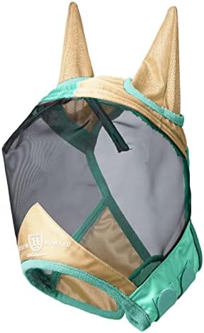 Harrison Howard Pro Luminous Horse Fly Mask Standard with Ears UV Protection for Horse Champagne Gold/Mint Medium Cob