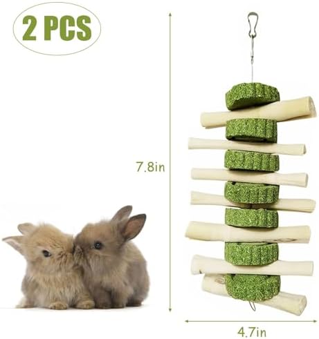 kathson 2 PCS Bunny Chew Toys for Teeth Natural Rabbit Toys Hanging Sweet Bamboo Chews with Grass Cake Guinea Pig Toys Snack Treat for Hamster Chinchilla Rats