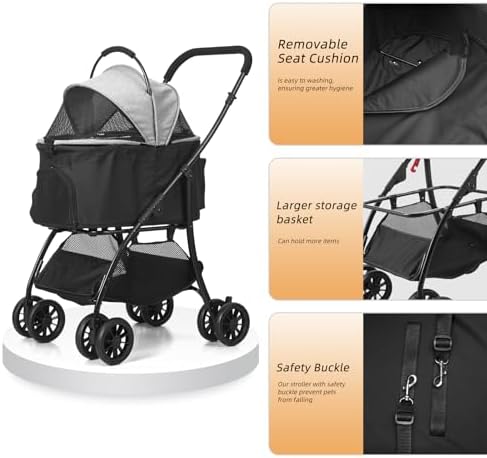Pet Stroller Quickly Folds for Easy Storage Cat Stroller with Detachable Carrier Thickened Oxford Cloth Breathable Basket Dog Strollers for Small Dogs (Grey)
