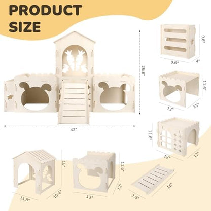 Extra Large Rabbit Castle, Wooden Bunny House & Hay Feeder, Detachable Rabbit Hideaway, Indoor Rabbit Castle with Ramp, Small Animal Houses & Habitats with Sisal Mat