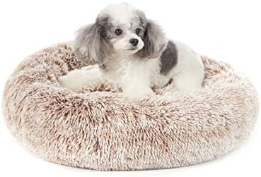 Bedfolks Calming Fluffy Donut Dog Bed for Small Dogs,Brown, 23" Round