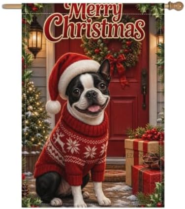 Merry Christmas House Flag 28x40 Inch Boston Terrier Santa Hat Red Sweater Wreath Gift Holiday Farmhouse Outdoor Yard Lawn Front Porch Welcome Double Sided Banner Decor