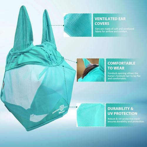 Harrison Howard UV-Proof Multi-Function Fabrics Thick Fleece Padding Horse Fly Mask Half Face with Ears Mint Horse Large