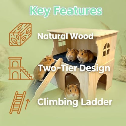 Large Wooden Guinea Pig Hideout Castle, 2-Story Guinea Pig House Bed & Hut with Stairs & Platform, Small Animal Habitat for Hamsters Rabbits Chinchillas, Easy Assembly