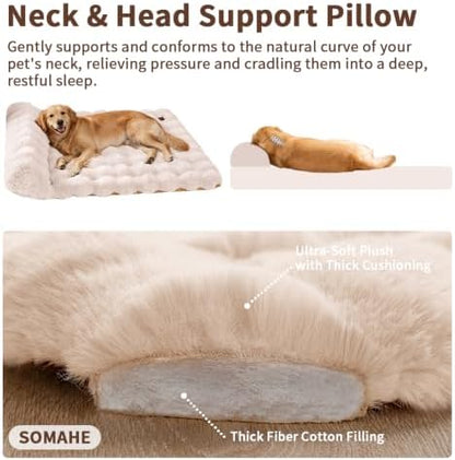 SOMAHE Plush Dog Bed Mat, Raised Pillow, 35 x 27 Inch, White