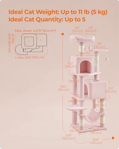 Feandrea Cat Tree, 59.5-Inch Tall Cat Tower, Multi-Level Condo, Jelly Pink
