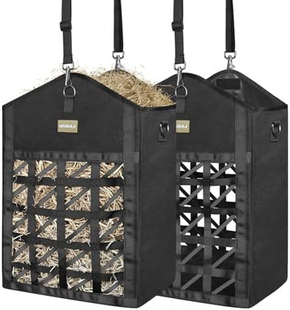Dual Purpose Feed Horse Hay Bags, 2 Pack Large Black Oxford Fabric