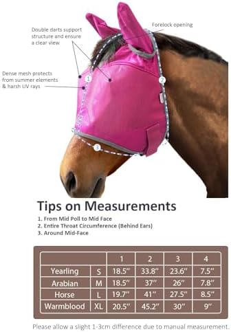 Harrison Howard UV-Proof Multi-Function Fabrics Thick Fleece Padding Horse Fly Mask Half Face with Ears Magenta Arabian Medium