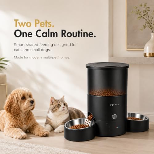 3L Cat Treat Dispenser with Dual Stainless Steel Cat Bowls - Quiet Automatic Cat Feeder for 2 Cats with App Control, 2 Way Audio, Dual Power Options, Self-Feeding Cat Food Dispenser - Black