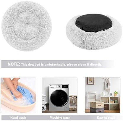 Calming Dog Cat Donut Bed - 23.6" Washable Fluffy Dog Beds, Round Cute Cat Beds for Indoor Cats, Anti Anxiety Plush Cuddler Dog Pillow, Pet Cushion for Small Medium Dogs, Waterproof Non-Slip Bottom