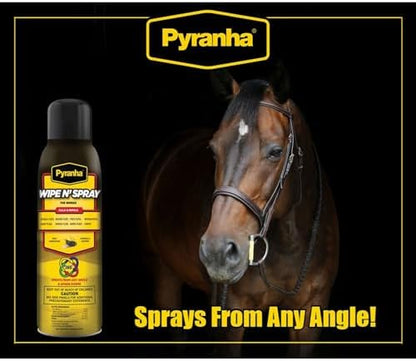 PYRANHA Wipe N' Spray for Horses - Oil-Based Long Lasting Fly Control Repels Horn, Deer, Horse, House, Stable, & Face Flies, Ticks, Mites, Mosquitoes, Gnats & Lice, 15 Oz