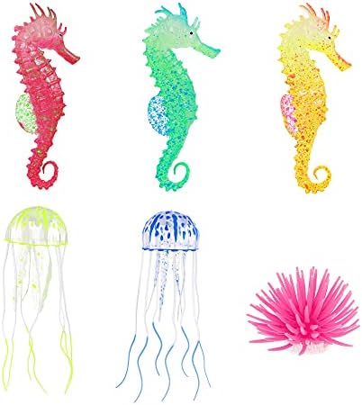 Lpraer 6 Pieces Glow Aquarium Ornaments Artificial Glow Floating Jellyfish Seahorse Anemones Silicone Simulation Fish Tank Decorations for Fish Tank