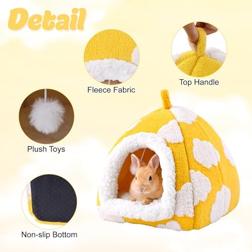Guinea Pig Hideout Cave Cute Yellow Cloud Warm Fleece Bed for Small Animals Enclosed Bunny Tent Hut with Hanging Toy Washable Pet House for Dwarf Rabbit Chinchilla Ferret (Yellow)