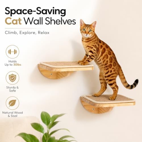 2 Set Wooden Cat Wall Shelves with Sisal Mat, Cat Wall Furniture Steps