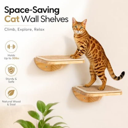 2 Set Wooden Cat Wall Shelves with Sisal Mat, Cat Wall Furniture Steps