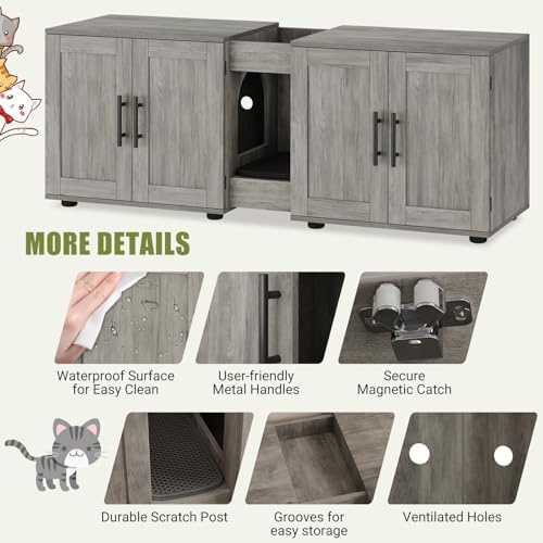 Garvee Cat Litter Box Enclosure for 2 Cats, 55" Hiddden Litter Box Enclosure Furniture 3-in-1 Wooden Litter Cabinet with Barn Door & Double Rooms for Bedroom Living Room, Gray