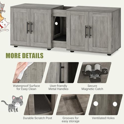 Garvee Cat Litter Box Enclosure for 2 Cats, 55" Hiddden Litter Box Enclosure Furniture 3-in-1 Wooden Litter Cabinet with Barn Door & Double Rooms for Bedroom Living Room, Gray