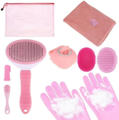 PAWCHIE Bath Grooming Kit for Pets, 9 PCS Hair Brush Set with Towel,Washing Gloves,Bath Brush and Adjustable Handle Shampoo Brush & Scrubber for Short Long Haired Dogs and Cats,Dog Bath Supplies, Pink