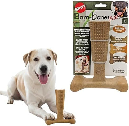 SPOT Bam-Bones Plus T-Bone, Bamboo Fiber & Nylon Dog Chew, Durable for Aggressive Chewers, Non-Splintering, for Adult Dogs & Teething Puppies Under 90lbs, 7in, Chicken Flavor
