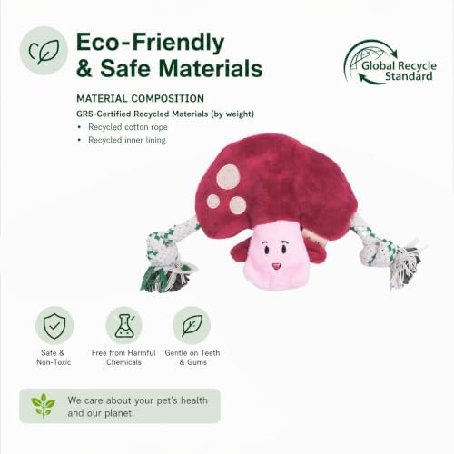 Green Sheep Puppy Plush Dog Toy, No Stuffing Squeaky Toy with Recycled Cotton Rope for Teething, Comfort and Gentle Play, Small Dogs and Puppies, Chew Toy, Mushroom