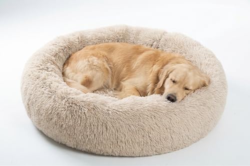 SAVFOX 36 inches Calming Donut Dog Bed - 3X Durable Plush Faux Fur, Machine Washable & Non-Slip, Fits up to 100 lbs, Beige