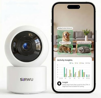AI Pet Camera Indoor, Multi-Pet Recognition for Up to 6 Pets, 2K 3MP Dog & Cat Camera with 360° Auto Tracking, AI Daily Summaries, Night Vision, 2-Way Audio, 2.4/5GHz WiFi