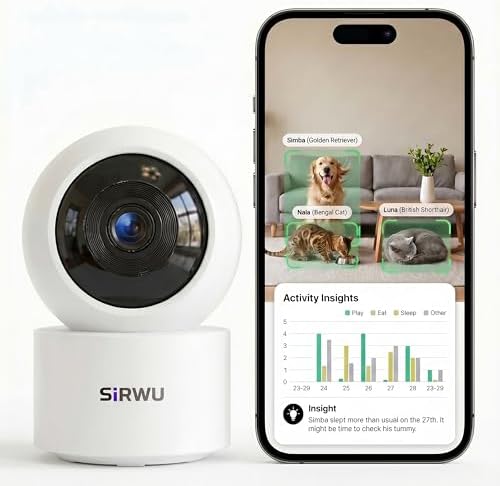 AI Pet Camera Indoor, Multi-Pet Recognition for Up to 6 Pets, 2K 3MP Dog & Cat Camera with 360° Auto Tracking, AI Daily Summaries, Night Vision, 2-Way Audio, 2.4/5GHz WiFi