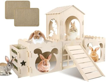 Extra Large Rabbit Castle, Wooden Bunny House & Hay Feeder, Detachable Rabbit Hideaway, Indoor Rabbit Castle with Ramp, Small Animal Houses & Habitats with Sisal Mat