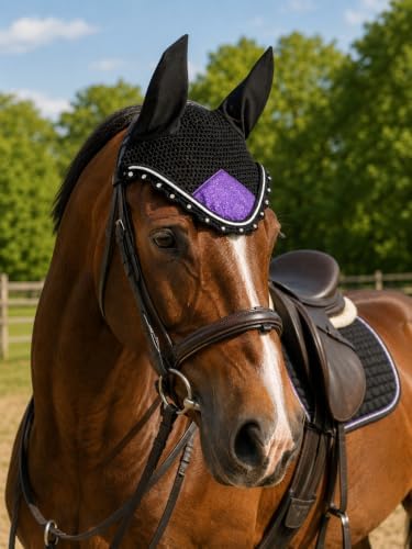 Horse Ear Bonnet for Horses – Handmade Crochet Fly Veil with Crystal Stones, Glitter Patch, Breathable Stretch Ears, Horse Fly Bonnet Ear Bonnet for Riding (Purple, Extra-Full)