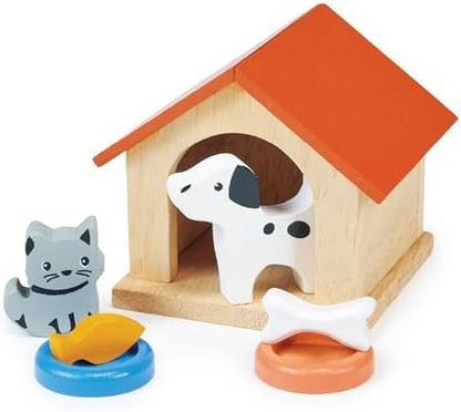 Mentari Toys - Dog & Cat Pet Set - 7pc Wooden Dollhouse Pet Accessories with Kennel, Dog, Cat, Bowls, Bone and Fish - Small World Play - Encourages Imaginative Play and Empathy Skills - Age 3+