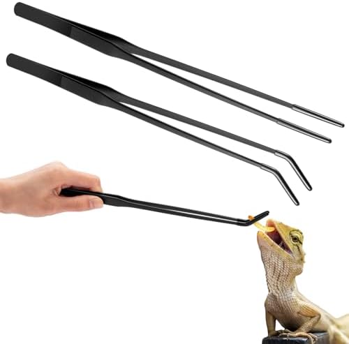 Lasnten 2 Pcs Extra Long Stainless Steel Reptile Feeding Tongs with Rubber Tip 10 Inch, 10.5 Inch Bearded Dragon Aquarium Straight and Curved Long Tweezer Terrarium Feeder Tool for Tank(Black)