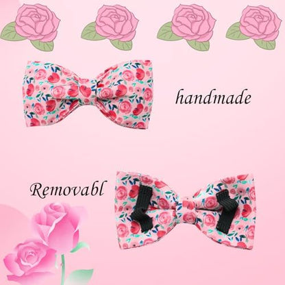 Dog Collar Pink Flowers Print Girl Cute Puppy Collar with Bow Adjustable Metal Buckle Collar Gift Collars for Large Dogs