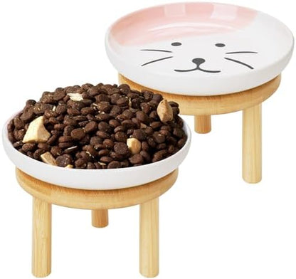 Shallow Elevated Cat Bowls with Bamboo Stand, 5.9 Inch Wide Ceramic Cat Dish Whisker Friendly, 2 Pack Pet Food and Water Plates