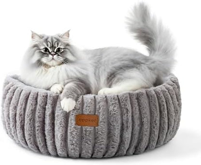 Cat Bed, Washable Round Cat Beds for Indoor Cats, Super Soft Faux Rabbit Fur Pet Bed for Puppy and Kitten with Anti-Slip Bottom (Grey, 20"x20"x8")