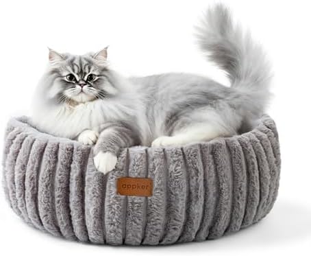Cat Bed, Washable Round Cat Beds for Indoor Cats, Super Soft Faux Rabbit Fur Pet Bed for Puppy and Kitten with Anti-Slip Bottom (Grey, 20"x20"x8")