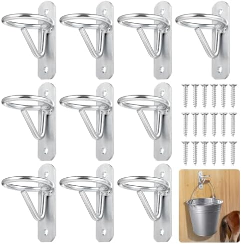 10 PCS Bucket Hook Hangers, Horse Stall Metal Horse Water Bucket Hooks, Heavy Duty Horse Accessories, Wall Mount Bucket Holders for Horse Stall Stable Farmhouse Supplies, Silver