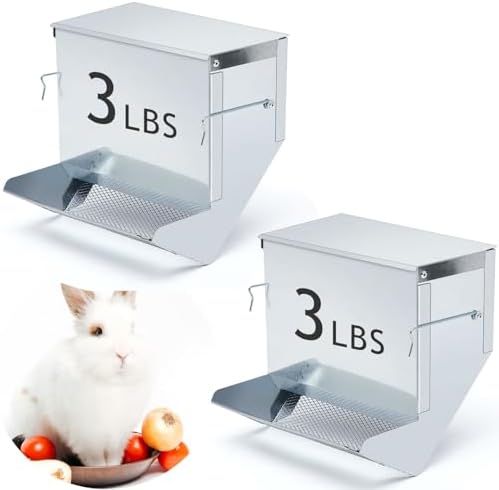 Maxcheck 2 Pcs Rabbit Feeder for Cages, 7.7 Inches, Mesh Bottom, Silver