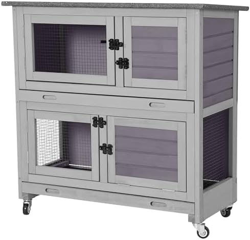 Aivituvin 36" Rabbit Hutch Bunny Cage Indoor Outdoor Guinea Pig Cage 2 Story Wth 2 Tray, Trap Door, Wheels