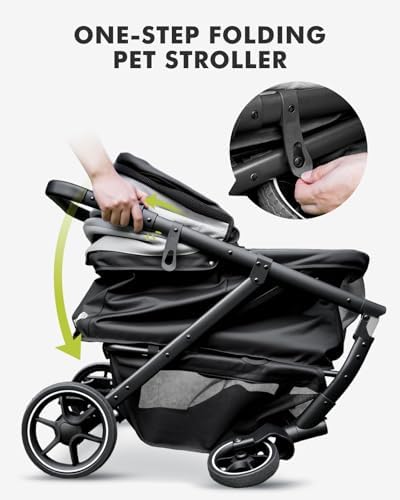 Medium Dog Stroller, Foldable Pet Stroller with Adjustable Handle & No Zip Entry, Storage Basket & Cup Holder, Canopy, Mesh Windows, Ideal for Medium Dogs and Cats Up to 50lbs, Black
