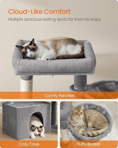Feandrea Cat Tree, 33.8" Cat Tower, Scratching Posts and Ramp, Dove Gray