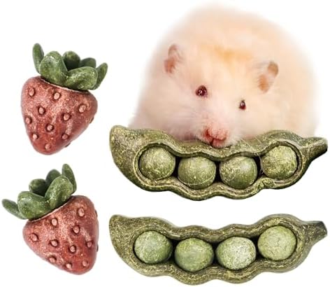 TEEWY 4PCS Guinea Pig Toys, Prevent Teeth Overgrowth, Natural Vegetables and Timothy Grass, Hamster Chew Toys, Guinea Pig Chew Toys, Chinchilla Toys, Peapod and Stawberry Chew Toy Set
