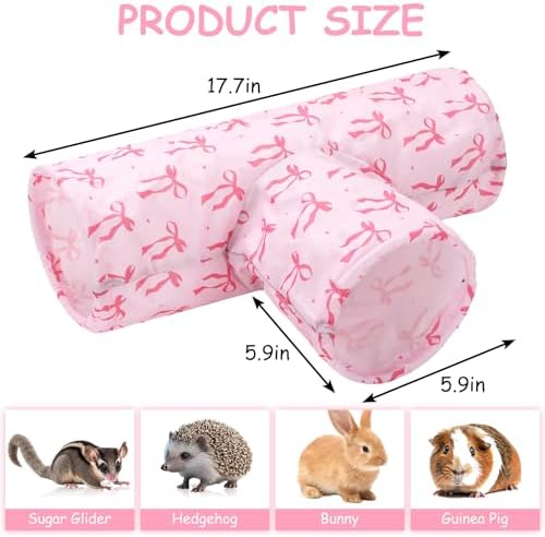 JarThenaAMCS Guinea Pig Tunnel 3 Way Washable Guinea Pig Hideout Pink Bow Foldable Rabbit Tunnel Small Animal Toy for Bunny Hamster Chinchilla Ferret Accessory